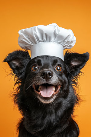 Happy Dog in a Chefs Hat on an Orange Background. High quality photoの素材