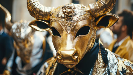 Man in a Suit Wearing a Golden Bull Mask Close-Up. High quality photoの素材