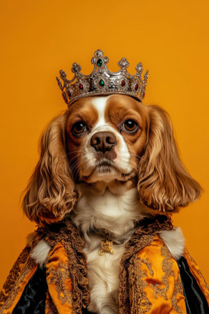 Cute Dog in a Crown and Royal Clothes on an Orange Background. High quality photoの素材