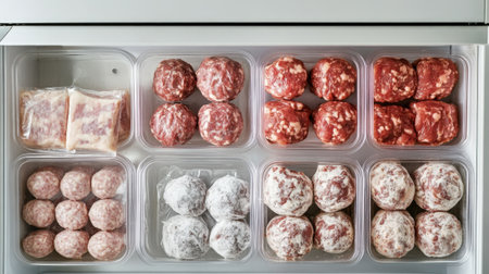 Frozen Cutlets, Meatballs, and Prepared Foods in a Freezer. High quality photoの素材