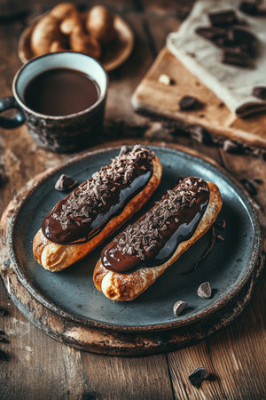 Two Eclairs with Chocolate Glaze on a Table Close Up. Vertical Photo. High quality photoの素材