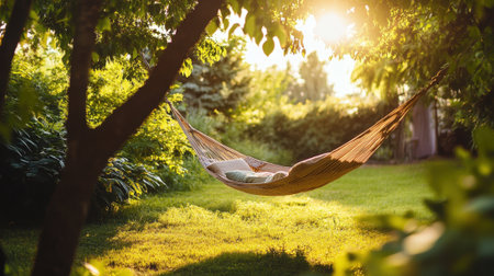 Cozy hammock hanging under deciduous trees in sunlight. High quality photoの素材