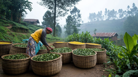 Woman diligently working while harvesting tea leaves into basket. High quality photoの素材