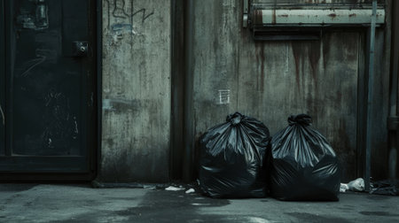 Two Black Trash Bags Side by Side Near a Wall Outdoors. High quality photoの素材
