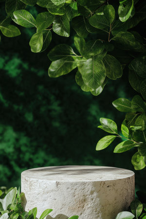 Empty Stone Podium Mockup with a Green Leaf Background. High quality photoの素材