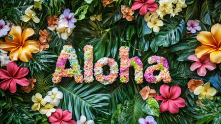 Aloha Text Tropical Floral Arrangement with Flowers. High quality photoの素材