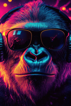 Gorilla in Black Sunglasses and Headphones at a Nightclub. High quality photoの素材