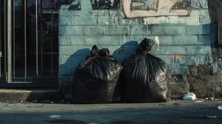 Two Black Trash Bags Side by Side Near a Wall Outdoors. High quality photoの素材