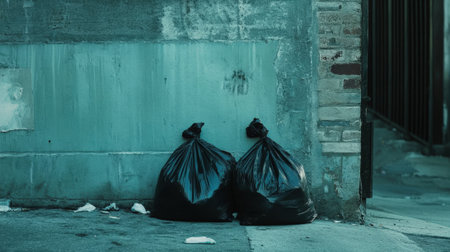 Two Black Trash Bags Side by Side Near a Wall Outdoors. High quality photoの素材