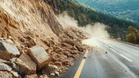 Natural Disaster Landslides on a Road with Falling Rocks. High quality photoの素材