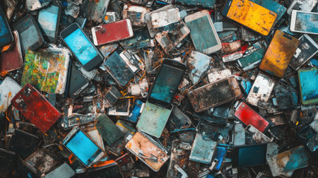 Pile of Smartphones and Waste on a Garbage Dump. High quality photoの素材