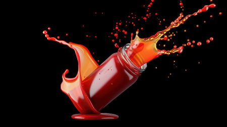 Splashes of Tomato Ketchup from Glass Bottle on Transparent Background. High quality photoの素材