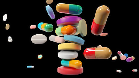 Pile of Colorful Pills and Capsules Balancing on Transparent Background. High quality photoの素材