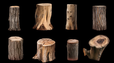 Wooden log trunk and tree stump set on transparent background. High quality photoの素材