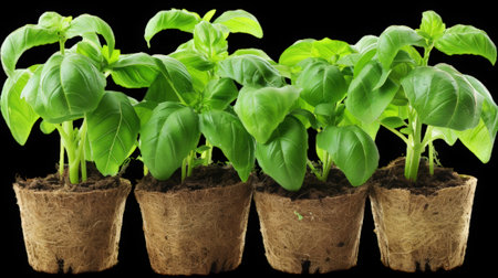 Young basil plants growing in eco-friendly peat pots on transparent background. High quality photoの素材