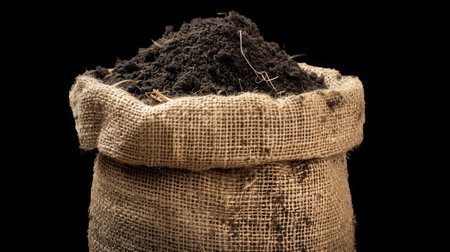 Rich Dark Soil in Rustic Bag for Gardening and Agriculture on Transparent Background. High quality photoの素材