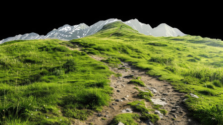 Scenic Mountain Trail Through Green Meadows Isolated on Transparent Background. High quality photoの素材