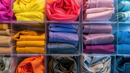 Colorful folded fabrics arranged neatly in transparent storage boxes. Various shades include pink, yellow, blue, and purple. Ideal for textile and fashion themes.の素材