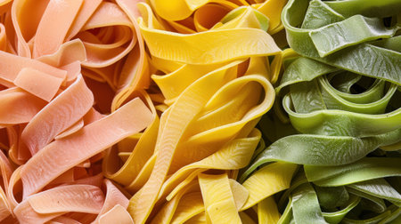 Colorful ribbons of pasta in shades of pink, yellow, and green arranged neatly. Ideal for culinary themes and food presentations.の素材