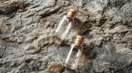 Empty glass bottles with wooden caps displayed on a stone surfaceの素材