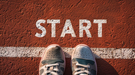 Close-up of a pair of athletic shoes on a running track. The word START is painted on the ground. The scene conveys the concept of sports and competition.の素材