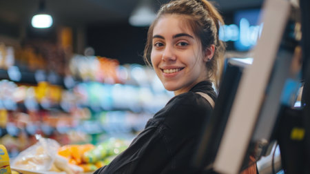 Smiling young Hispanic woman with long brown hair stands in a grocery store. Colorful fruits and vegetables are visible in the background.の素材