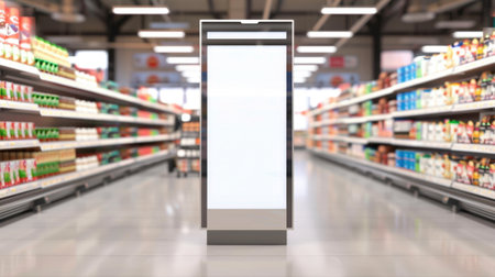A modern supermarket aisle with shelves stocked with various products. A blank advertising display stands in the center, surrounded by colorful packaging.の素材
