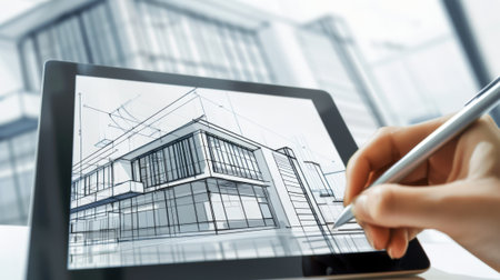 A hand holding a stylus draws architectural sketches on a tablet. The background features modern buildings with glass facades.の素材