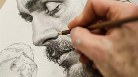 A close-up of a hand drawing a detailed portrait of a man with a beard. The artwork showcases fine pencil strokes and intricate facial features.の素材