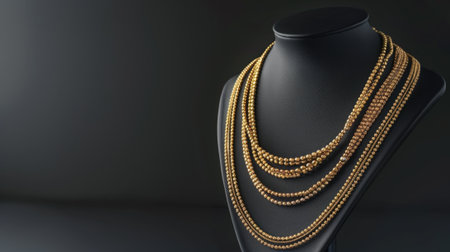 A collection of elegant gold necklaces displayed on a black jewelry stand. The necklaces vary in length and design, showcasing intricate craftsmanship.の素材