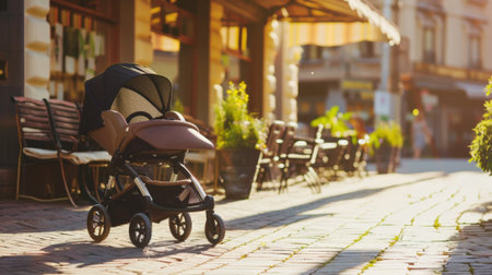 A brown stroller parked on a cobblestone street near outdoor seating. Sunlight casts a warm glow on the scene, creating a cozy atmosphere.の素材