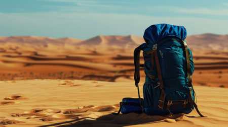 A blue backpack rests on golden sand dunes under a clear sky. The vast desert landscape stretches into the distance, showcasing rolling hills of sand.の素材