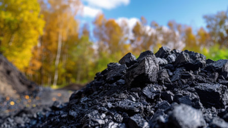 A close-up view of a pile of black coal against a backdrop of colorful autumn trees and a clear blue sky. The scene highlights natural resources and environmental themes.の素材