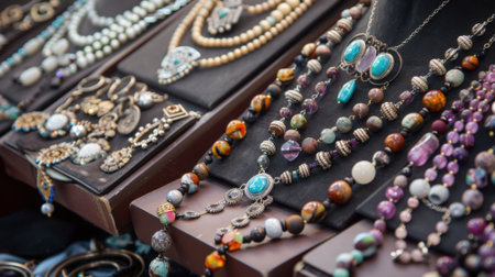 A collection of colorful necklaces and jewelry displayed on a dark surface. Various materials and designs are visible, showcasing intricate craftsmanship.の素材