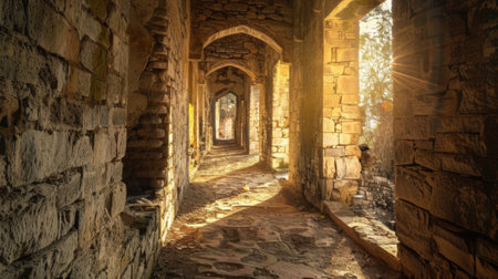 A sunlit stone corridor with arched openings. The floor is made of uneven stones, and light filters through the arches, creating a warm atmosphere.の素材