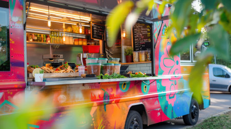 A colorful food truck parked in a vibrant setting. The truck displays a variety of fresh ingredients and menu items. Green foliage surrounds the scene.の素材