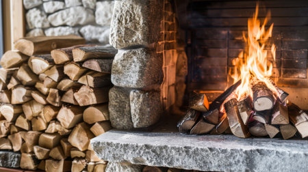 A cozy fireplace with a roaring fire and neatly stacked firewood beside it. The stone structure adds a rustic charm to the warm atmosphere.の素材