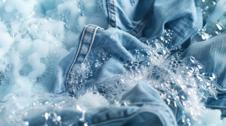 Blue denim jeans with water splashes and foam on fabric surface, representing cleaning or washing concept.の素材