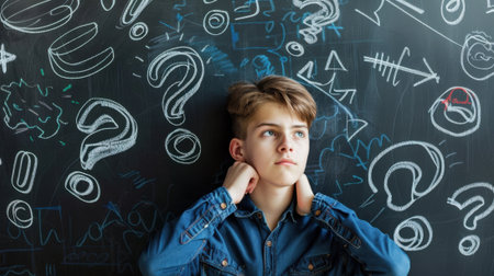 A young Caucasian boy with light brown hair sits in front of a blackboard filled with question marks and doodles. He appears thoughtful and contemplative.の素材