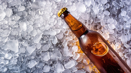 Brown glass beer bottle on crushed ice, cold beverage concept, refreshing drink, summer coolingの素材