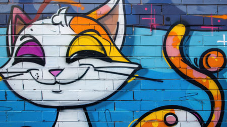 Colorful graffiti of a cartoon cat on a brick wall. The cat has a white body, orange and yellow accents, and a playful expression.の素材