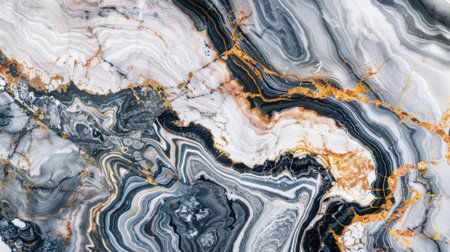 Abstract marble texture with swirling patterns in black, white, and gold tones. The design features smooth lines and a glossy finish, ideal for backgrounds.の素材