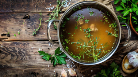 A pot of broth with herbs, including thyme and parsley, on a wooden table. Garlic cloves and a wooden spoon are nearby, creating a rustic kitchen scene.の素材