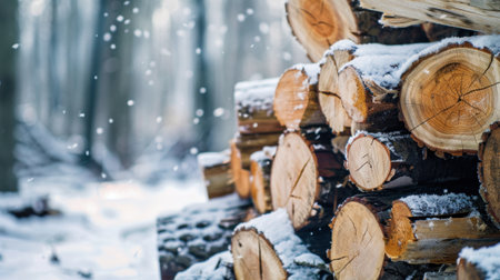 Stacked logs covered in snow in a winter forest. Snowflakes fall gently in the background, creating a serene and peaceful atmosphere.の素材