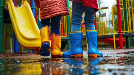 Two children wearing colorful rain boots stand on a wet playground. One child has yellow boots, and the other has blue boots. A yellow slide is visible in the background.の素材