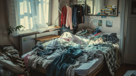 A messy bedroom with a disheveled bed covered in clothes. Clothes hang on a rack and scattered items are visible on the floor. Natural light enters through the window.の素材