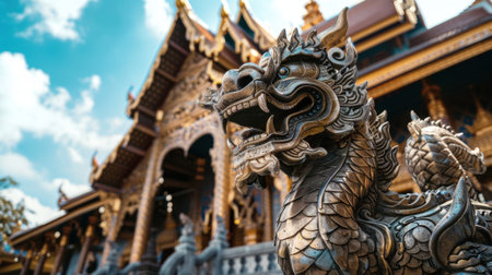 A close-up of a detailed dragon statue in front of an ornate temple. The temple features intricate carvings and a blue sky with clouds in the background.の素材