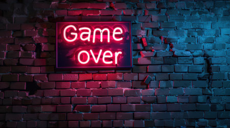 A neon sign reading Game Over in bright red against a textured blue and black brick wall. The scene conveys a sense of finality and gaming culture.の素材
