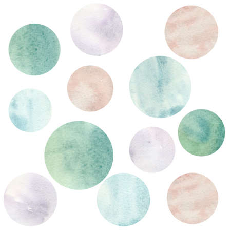 Watercolor circles - strokes of green, blue and brown colors on a pure white background.の写真素材