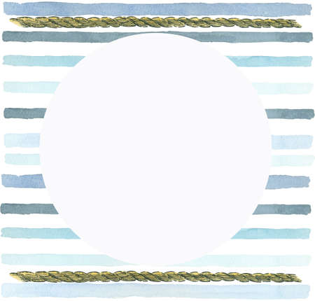 Marine-style frame with blue stripes and rope. Watercolor illustration.の写真素材